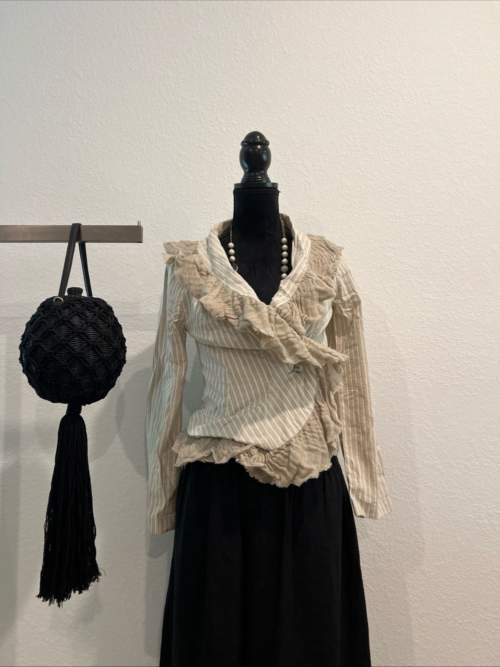 Striped Beige Ruffle Wrap Blouse